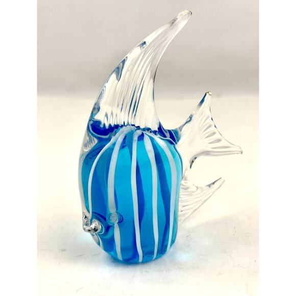 Handblown Art Glass Angelfish Paperweight – Blue & White Striped Figurine - Picture 8 of 16